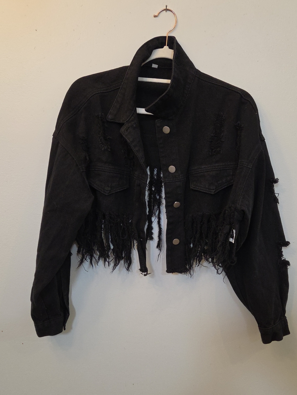 Black Distressed Cropped Denim Jacket - Women